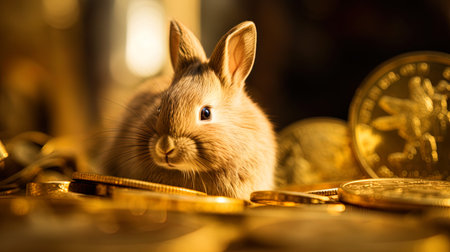 A gold coin depicting a rabbit.の素材