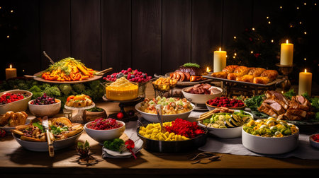 A full table of various dishes and snacks for Christmas dinner.の素材