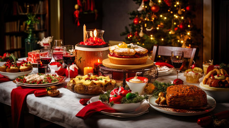 Christmas dinner with a plentiful table of various dishes and treats.の素材