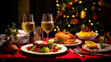 A festive lunch at a table, tired of food and snacks on Christmas.の素材