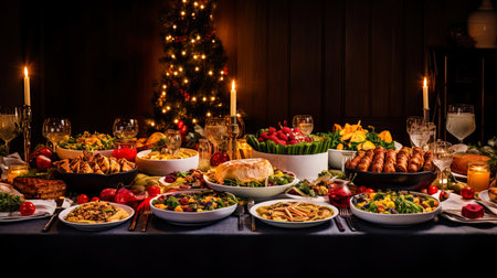 A table full of dishes and snacks for a festive dinner on Christmas.の素材
