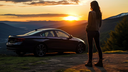 Atmospheric sunset in the mountains, where a girl, her favorite and a car are united in a harmoniou.の素材
