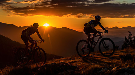 Cyclists rolling against the background of sunset in the mountains.の素材