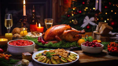 Christmas meal with a plentiful dinner, laid down dishes and treats.の素材