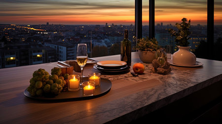 A kitchen countertop with a view of the sunset and lights of the city.の素材
