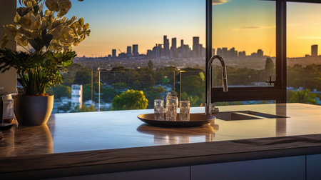 A kitchen countertop with a view of the city sunset in the window.の素材