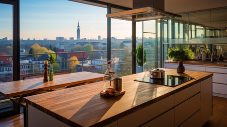 A kitchen with a wooden countertop and a view of urban architecture.の素材
