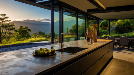A modern countertop with a island in the kitchen and landscape outside the window.の素材
