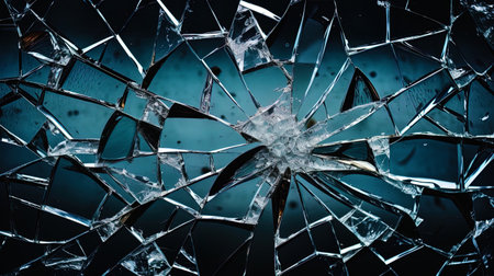 Broken glass with numerous cracks and sharp fragments.の素材