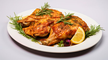 Cooked chicken with an appetizing crust on a light background.の素材