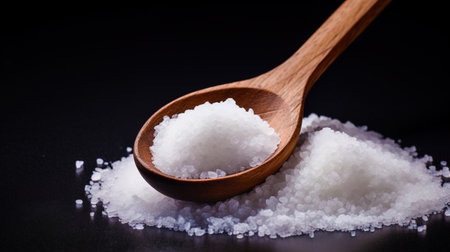 Isolated sea salt in a wooden spoon.の素材