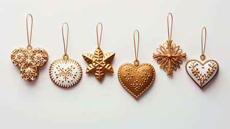 Christmas tree decorations of various shapes and styles on a light background.の素材