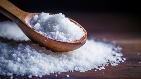 Sea salt in isolation with a wooden spoon.の素材