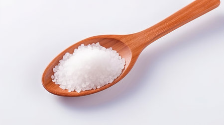 The sea salt is isolated in a wooden spoon on a light background.の素材