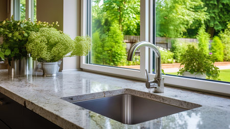 Modern kitchen countertop with a view of the green garden outside the window.の素材