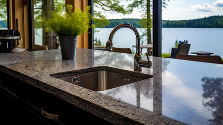 The countertop of the kitchen with granite coating and view of the lake.の素材