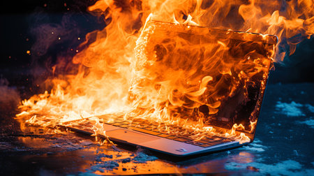 A fiery incident with a laptop due to a malfunction.の素材