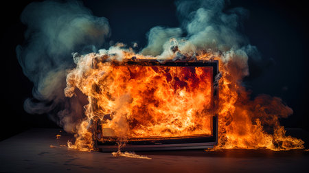 Burning TV screen, smoke and flame.の素材