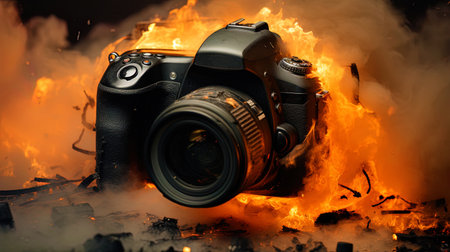 A camera in fire due to a short circuit.の素材
