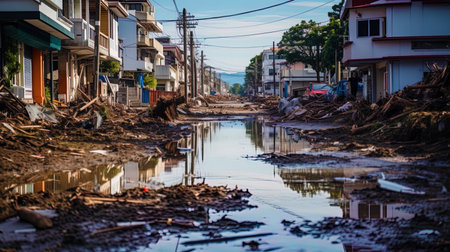 A terrible look: the city is flooded with the tsunami, looks like a natural disaster.の素材