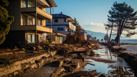 Catastrophic tsunami erodes streets and houses in the city.の素材