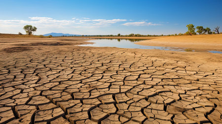 Dry and suffering: dry landscape and dried up water bodies.の素材