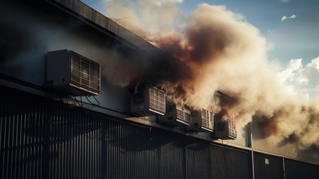 Burning air conditioning on the wall, clouds of smoke.の素材