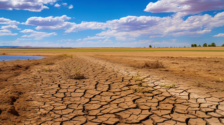 The threat of drought: farm fields without rain and moisture.の素材