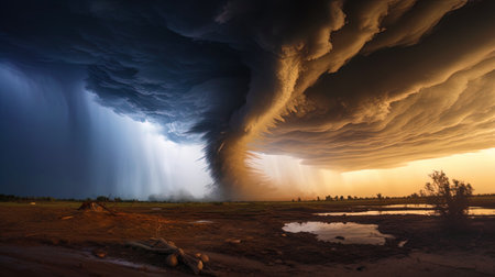Chaos scene: the vortex tornado is formed above the ground.の素材