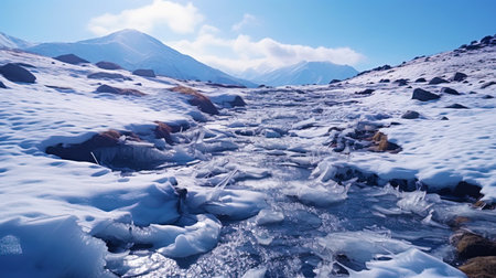 Critical condition: melting snow and ice on the top of the mountains.の素材
