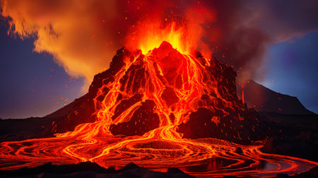Awesome look: hot lava erupts from the volcano.の素材