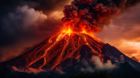 Fiery giant: the volcano explodes, erupting the lava and ashes.の素材