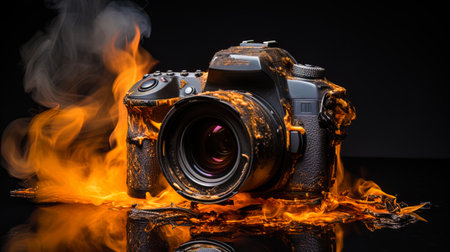 Fire in a photo laboratory, a burned camera.の素材
