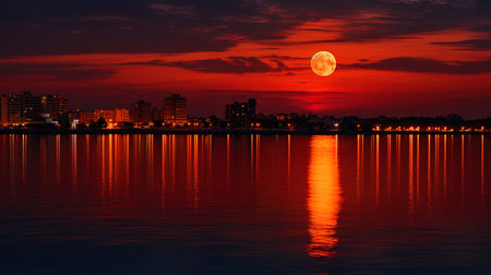 Moon City: Big Red Moon and the City Island at night.の素材