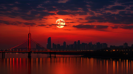 City under the moon: the magnificence of the Big Red Moon in the evening.の素材