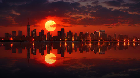 Lunar ascent: a large red moon decorates the night city.の素材