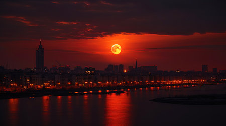 Moon Symphony: Big Red Moon in the center of the city sky.の素材