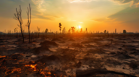 Disrupted landscape: the earth burned with the sun and charred plants.の素材