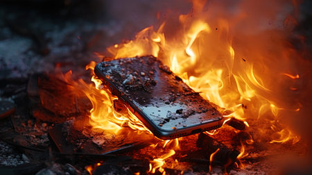 Fire due to a malfunction in the smartphone battery.の素材