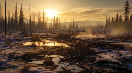 Environmental disaster scene: warming leads to a change in the landscape.の素材