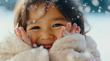 A cheerful moment: children's hands affectionately hug fresh snow, an enthusiastic smile is reflect.の素材