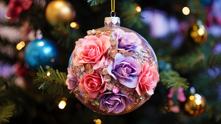 A ball on a Christmas tree with iridescent flowers and glitter.の素材