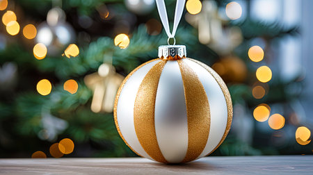 A ball for a Christmas tree with golden and silver stripes.の素材