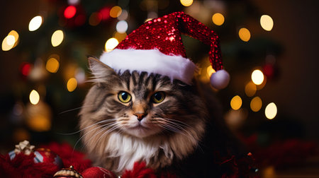 A cat in a Christmas hat with a garland around the neck.の素材