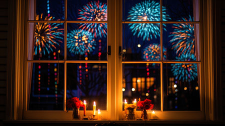 Bright New Year's lights framing the window and creating a fabulous effect.の素材