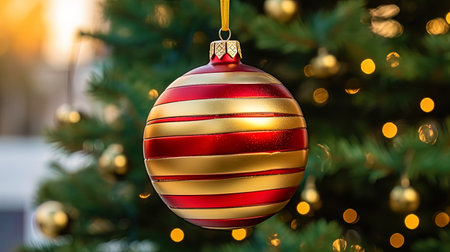 A ball for decorating a Christmas tree with golden and red stripes.の素材