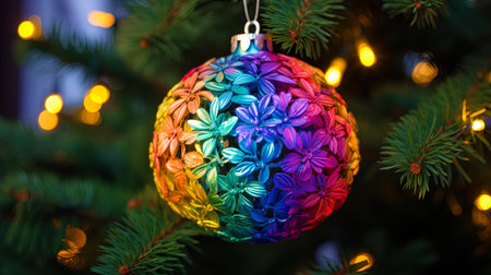 A ball for decorating a Christmas tree with iridescent rainbow flowers.の素材