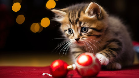 A kitten, delightedly considering a Christmas ball.の素材