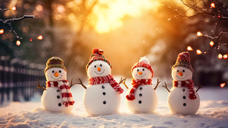 Christmas background with cheerful snowmen and garlands.の素材