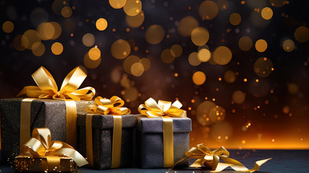 Christmas background with festive gifts and ribbons.の素材